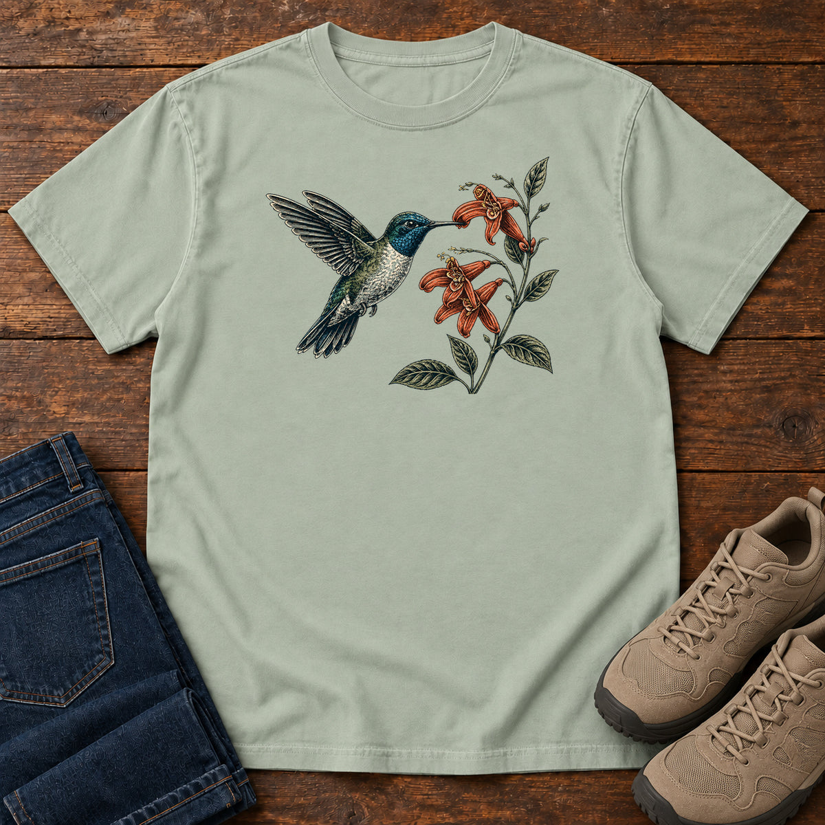 Hummingbird and Trumpet Creeper T-shirt in Bay