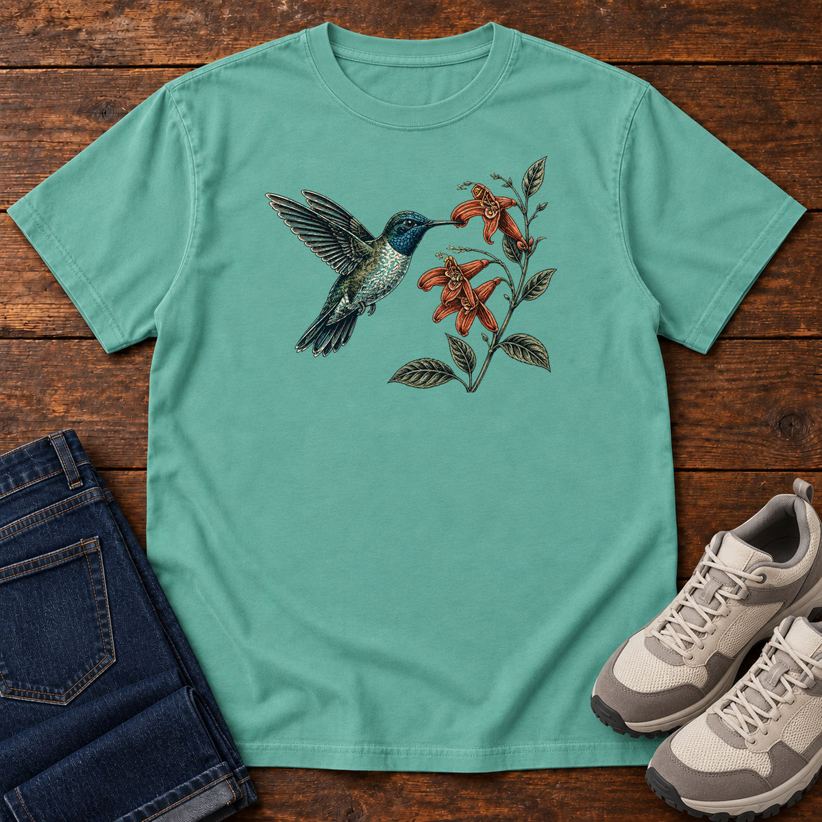 Hummingbird and Trumpet Creeper T-shirt in Seafoam