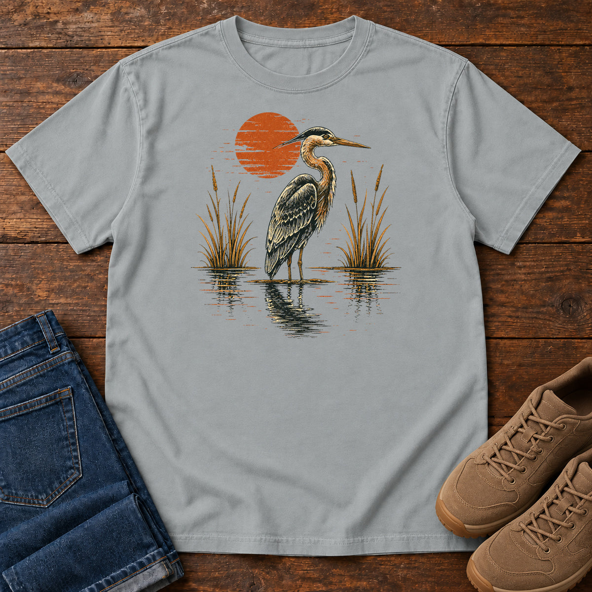 Heron at Red Sun T-shirt in Granite