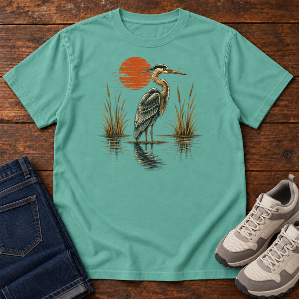 Heron at Red Sun T-shirt in Seafoam, front view