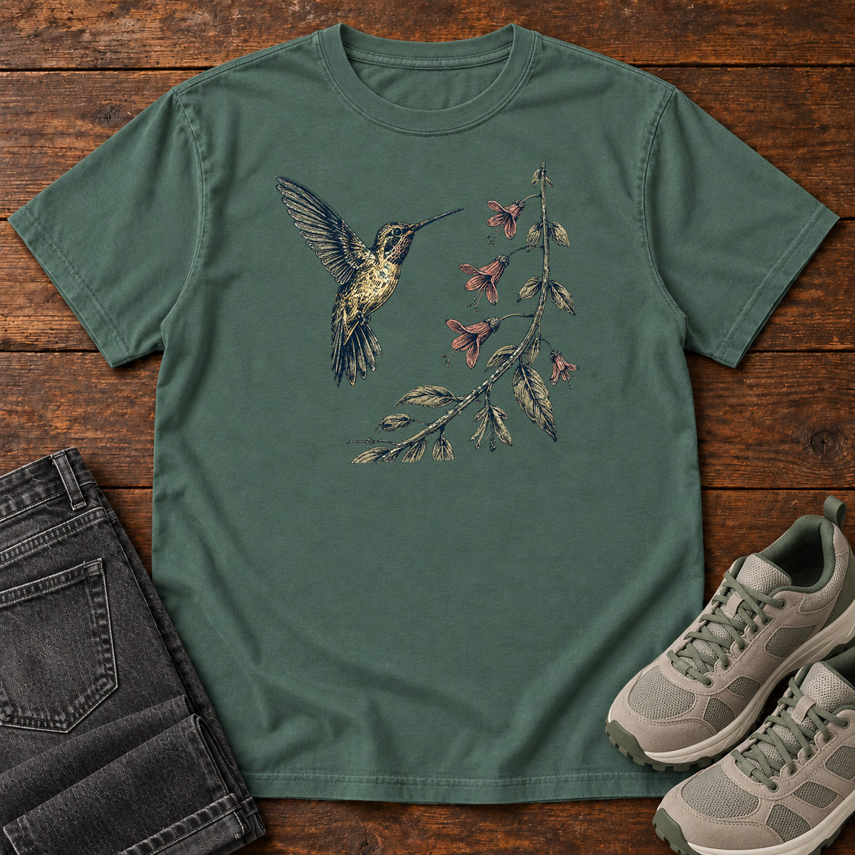 Hummingbird and Bellflower T-shirt in Blue Spruce