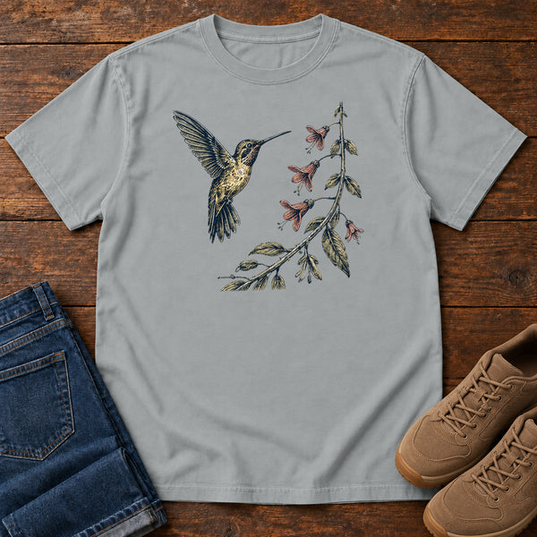 Hummingbird and Bellflower T-shirt in Granite, front view