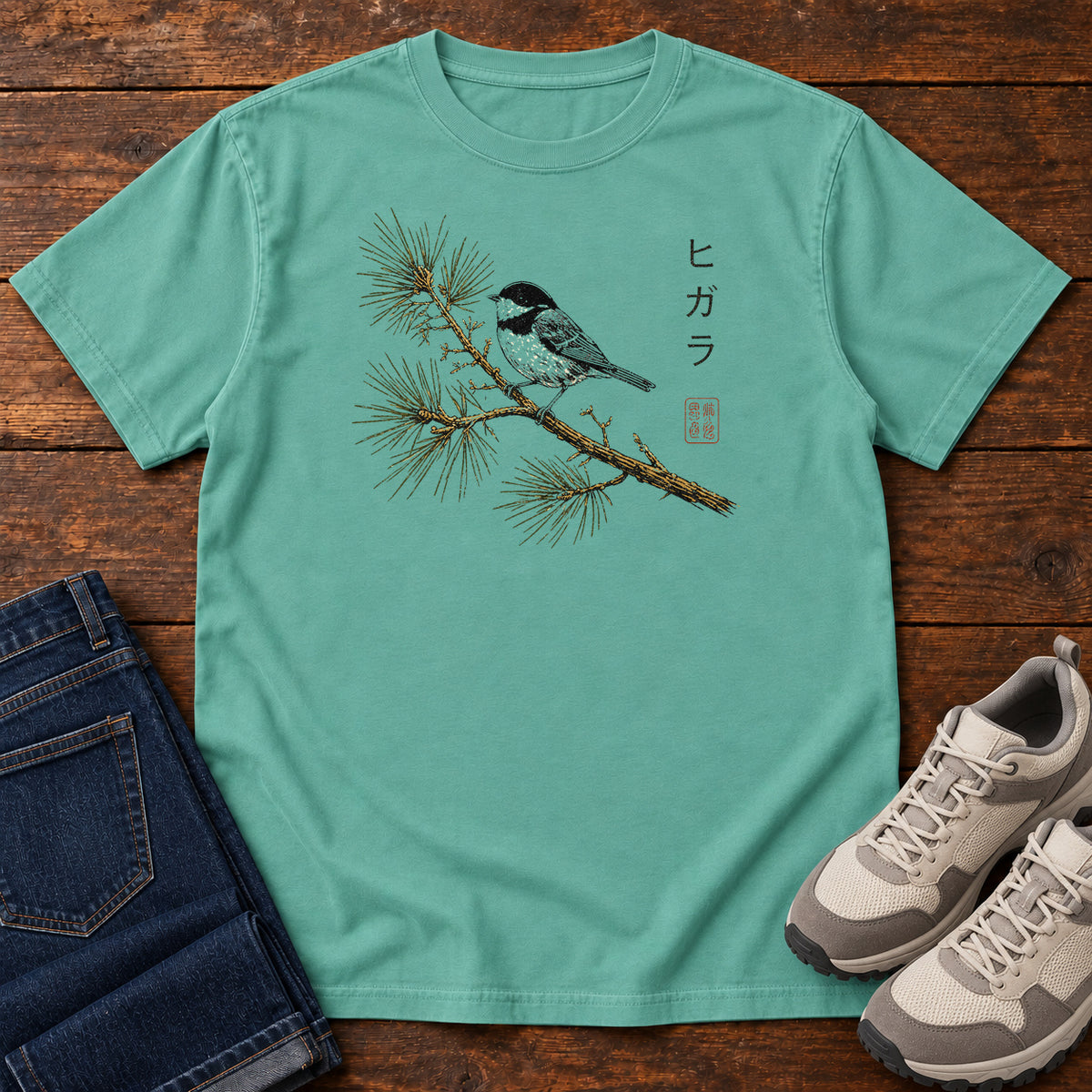 Chickadee on the Pine T-shirt in Seafoam