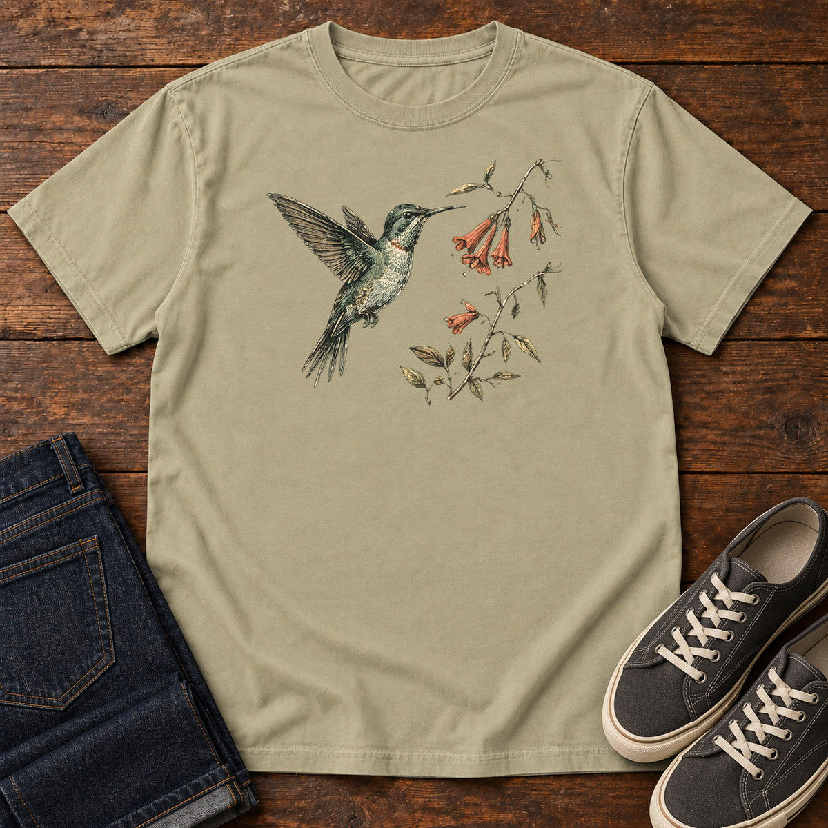 Hummingbird and Honeysuckle T-shirt in Khaki