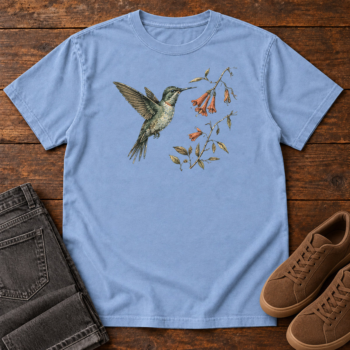 Hummingbird and Honeysuckle T-shirt in Washed Denim