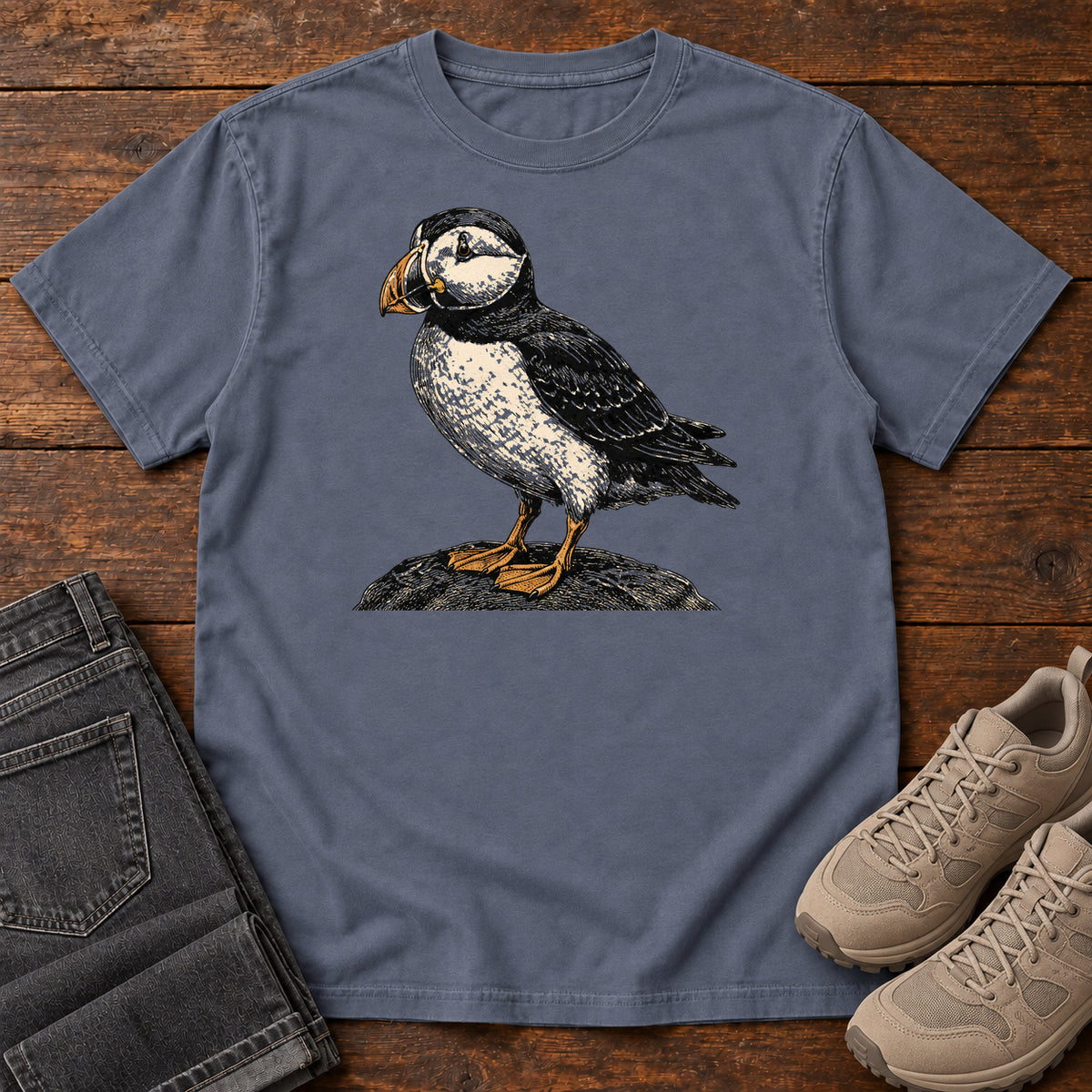 Puffin on the Rocks T-shirt in Denim