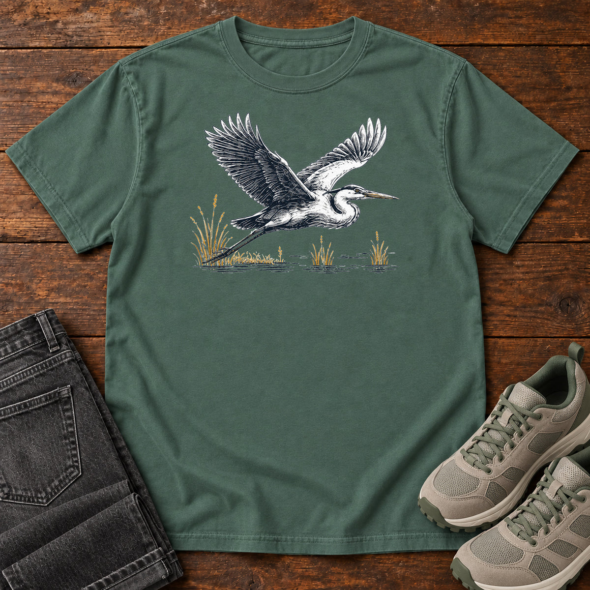 Heron in Flight T-shirt in Blue Spruce