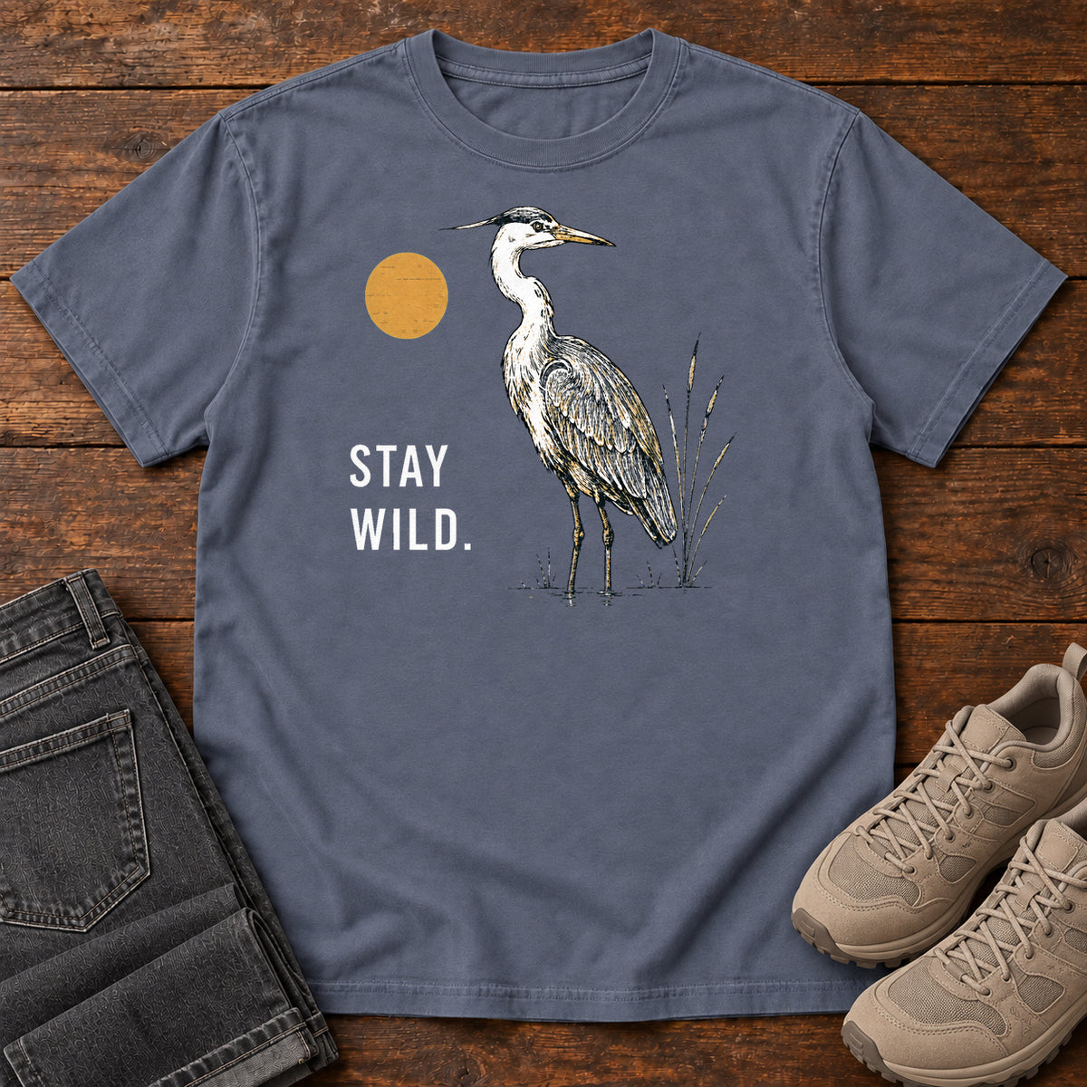 Stay Wild Heron T-shirt in Denim