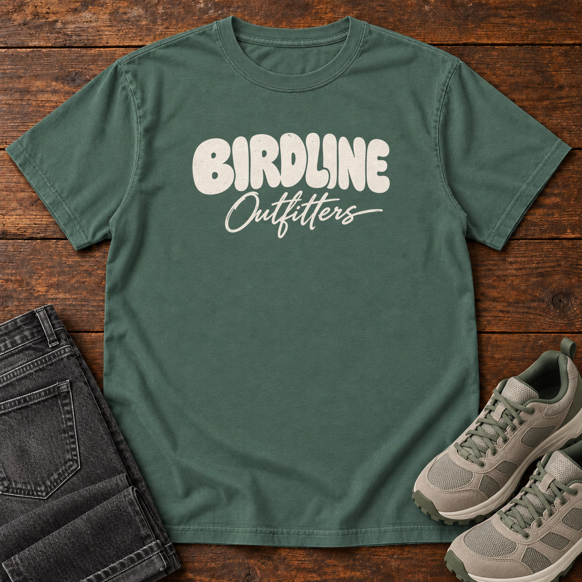 Blue Spruce Birdline Outfitters Script T-shirt with cream rounded block lettering above flowing script; front flat lay on wood.