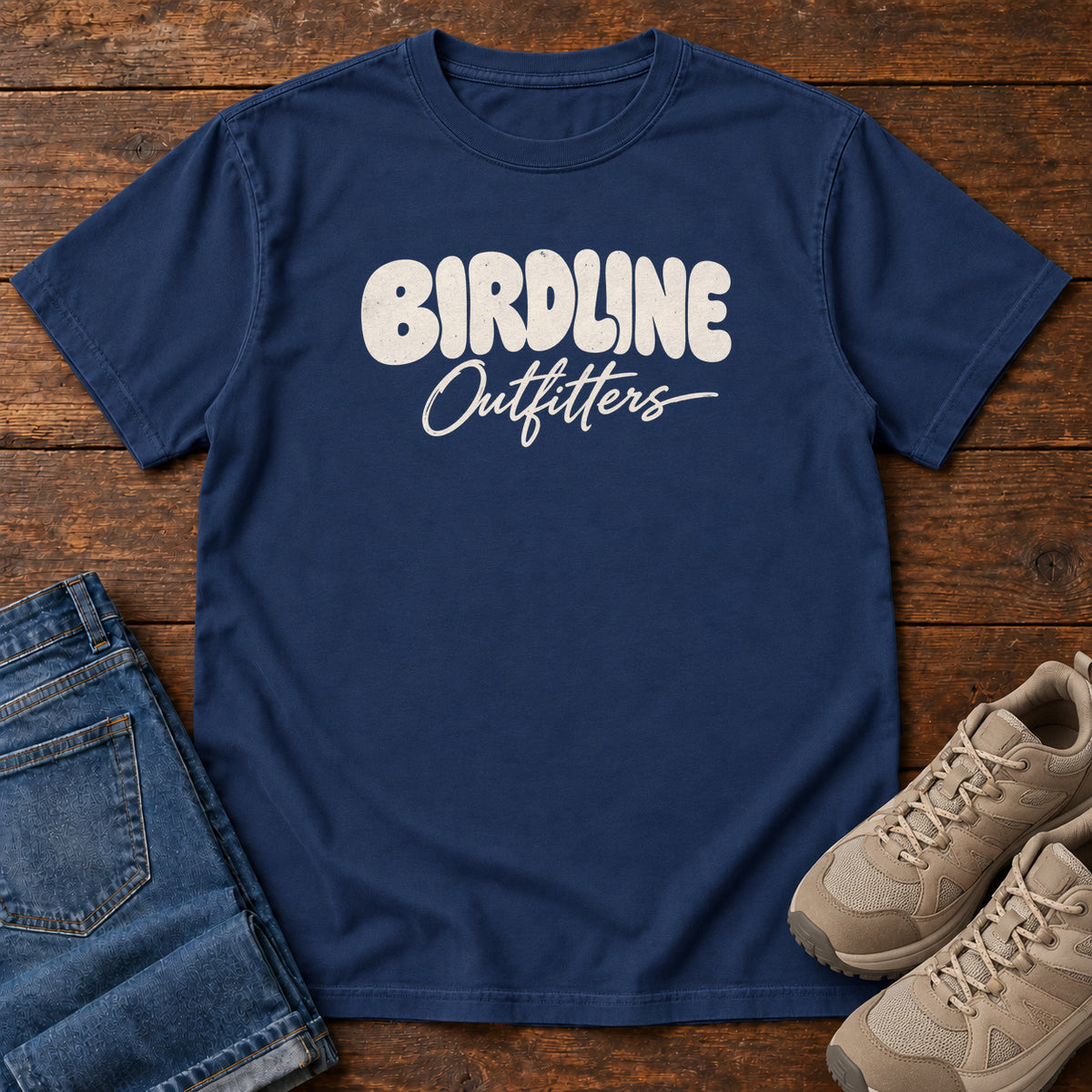 True Navy Birdline Outfitters Script T-shirt with cream rounded block lettering above flowing script; front flat lay on wood.