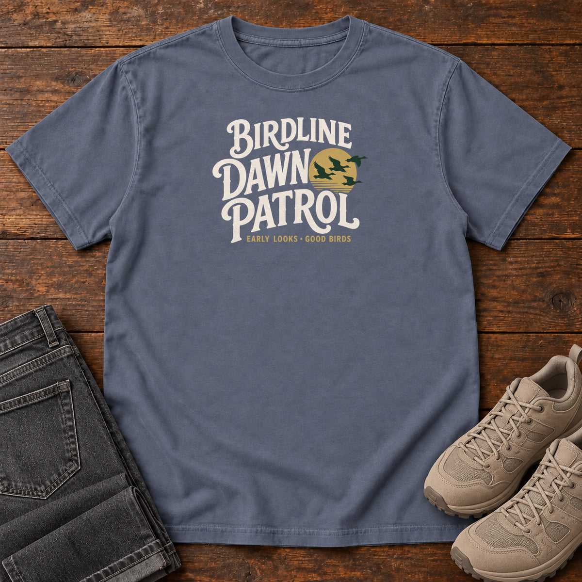 Birdline Dawn Patrol T-shirt in Denim, front view