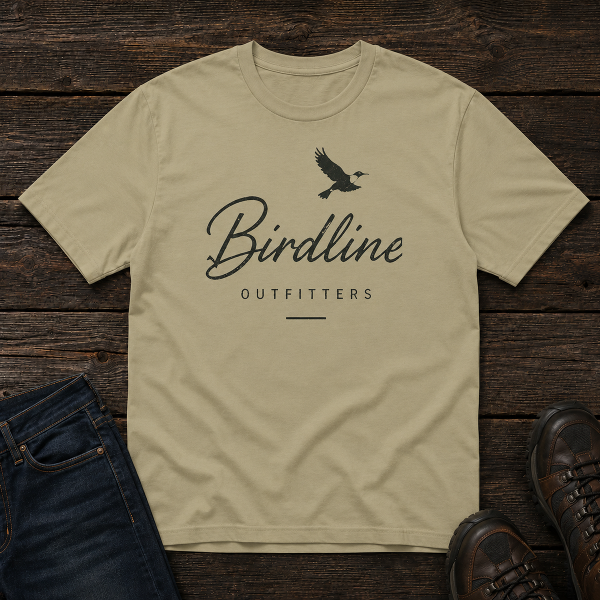 Birdline Script Logo T-Shirt in Khaki, front view