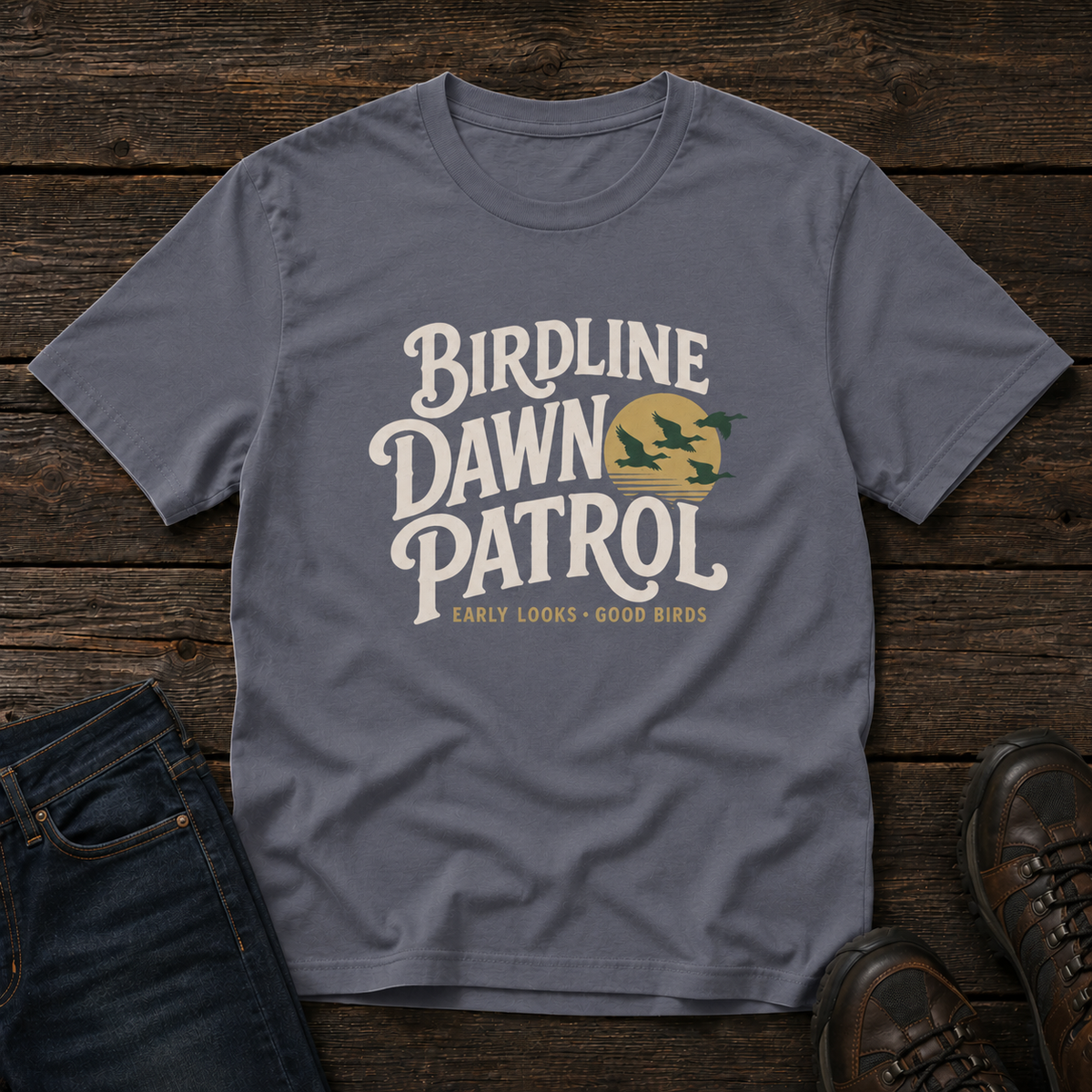 Birdline Dawn Patrol T-shirt in Denim, front view