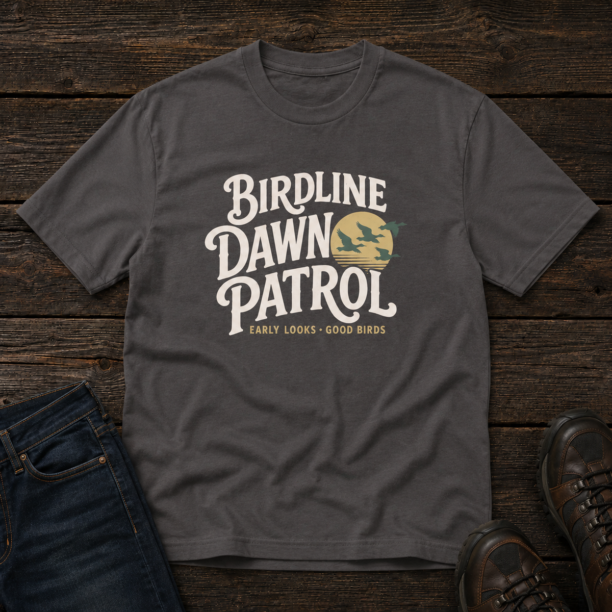 Birdline Dawn Patrol T-shirt in Graphite, front view