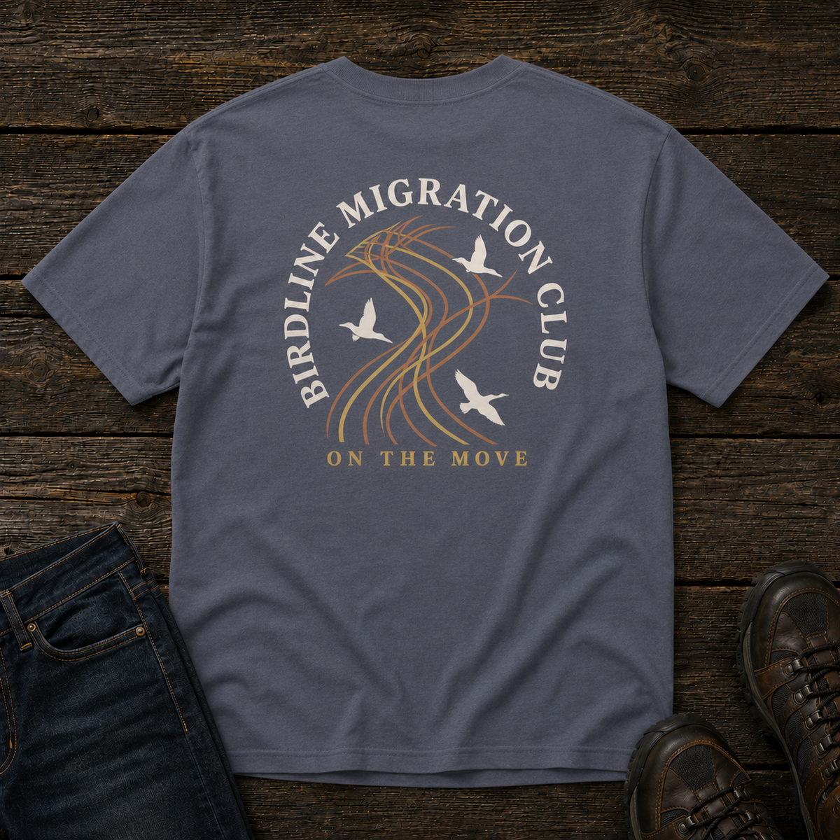 Migration Club T-shirt in Denim, back view