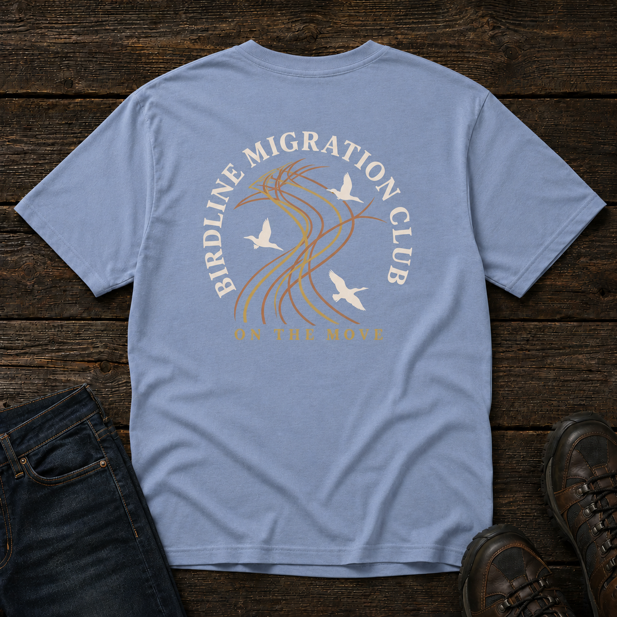 Migration Club T-shirt in Washed Denim, back view