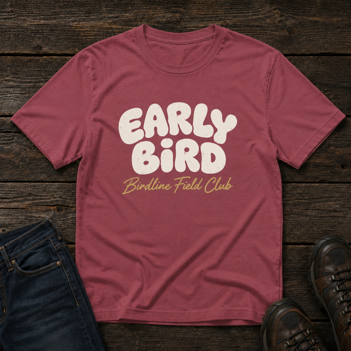 Early Bird Field Club T-shirt in Brick, front view