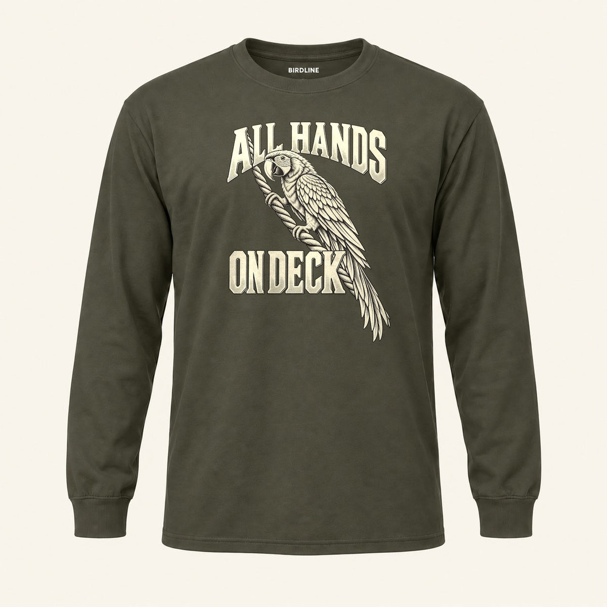 All Hands On Deck Long Sleeve Shirt in Military Green, front view