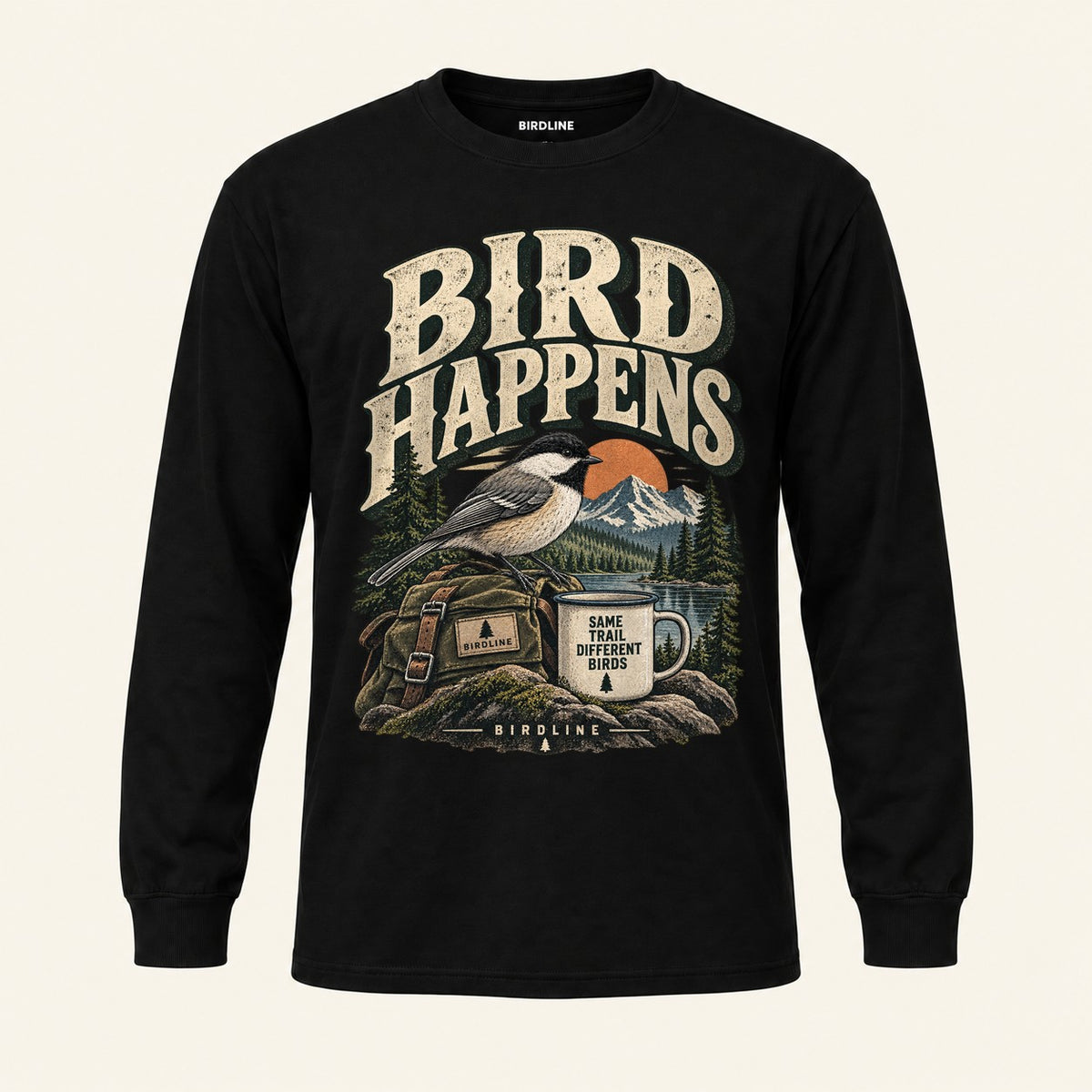 Bird Happens Long Sleeve Shirt in Black, front view