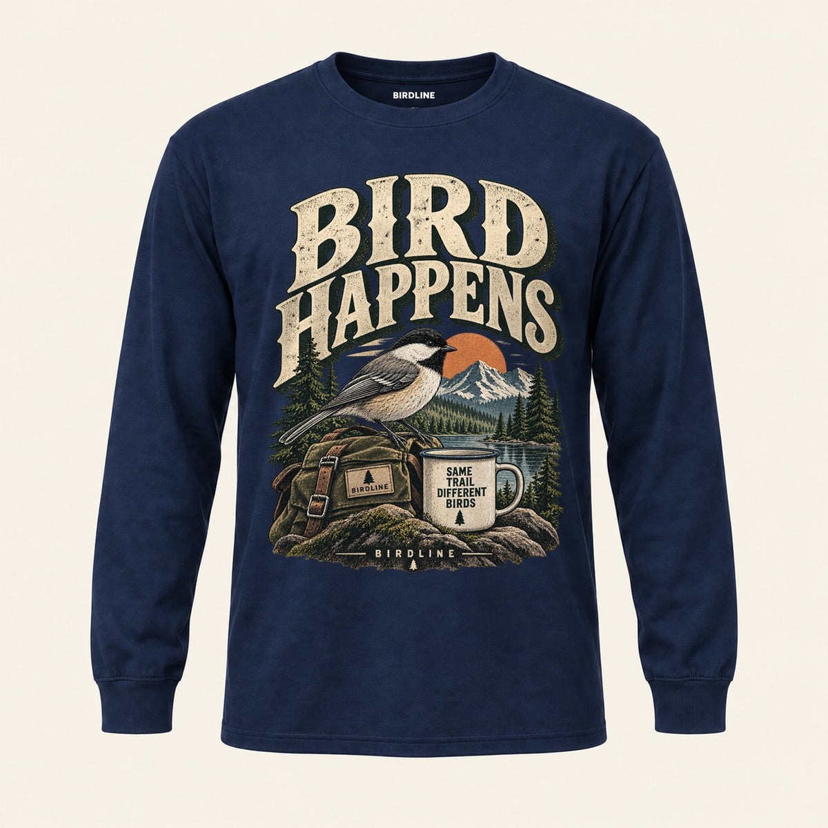 Bird Happens Long Sleeve Shirt in Navy, front view