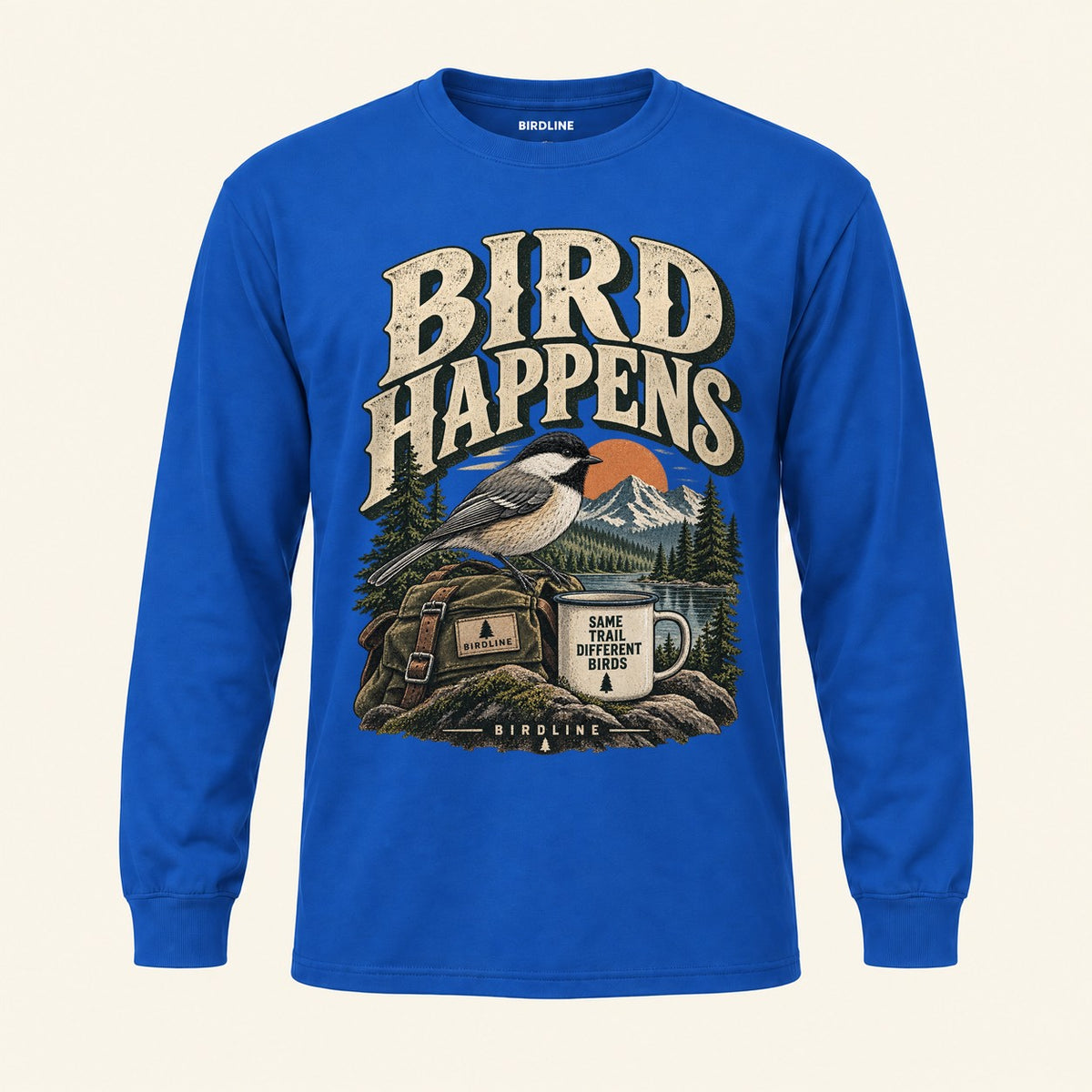 Bird Happens Long Sleeve Shirt in Royal, front view