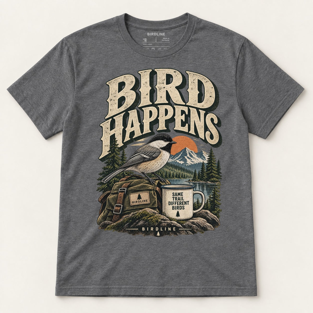 Bird Happens T-Shirt in Dark Heather, front view