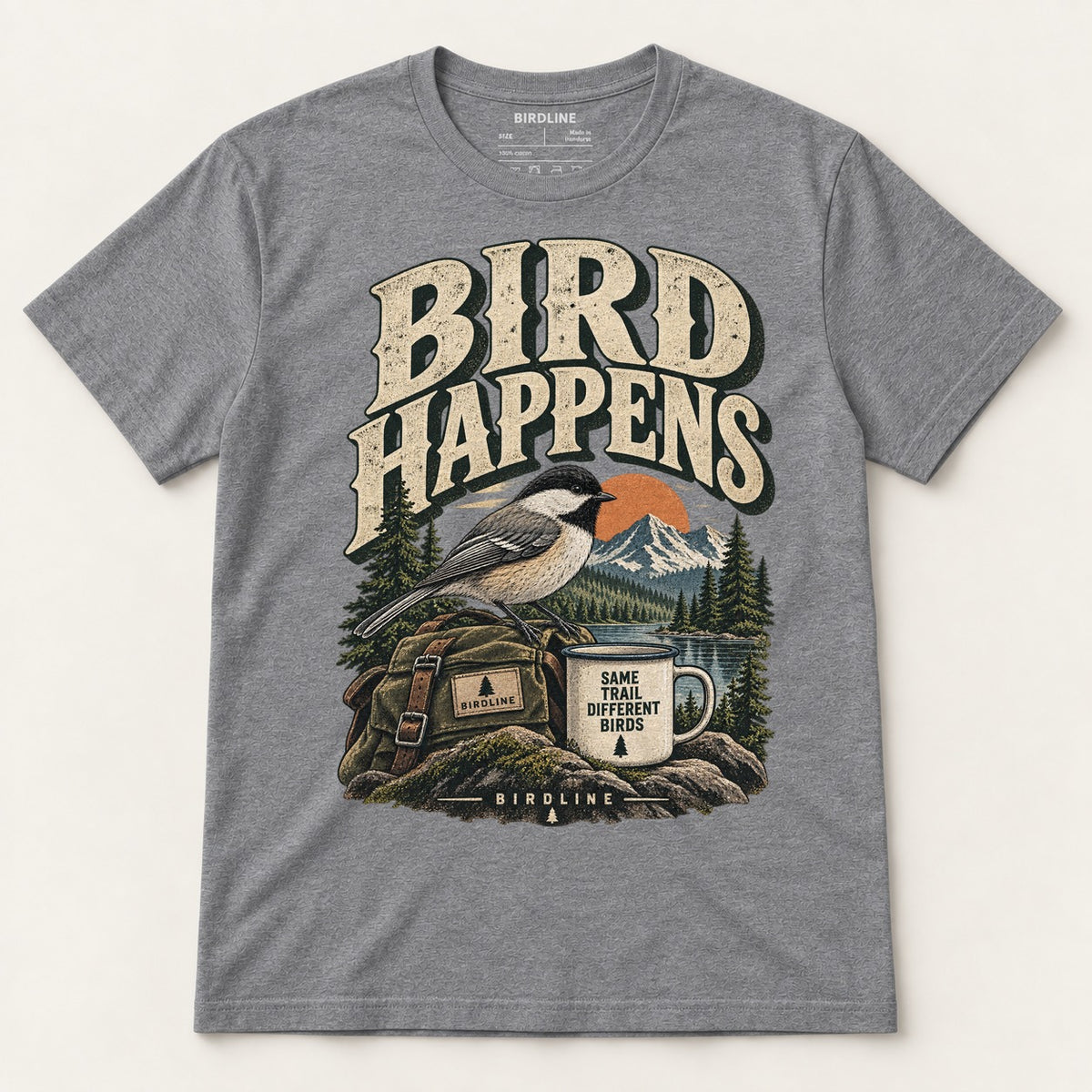 Bird Happens T-Shirt in Graphite Heather, front view