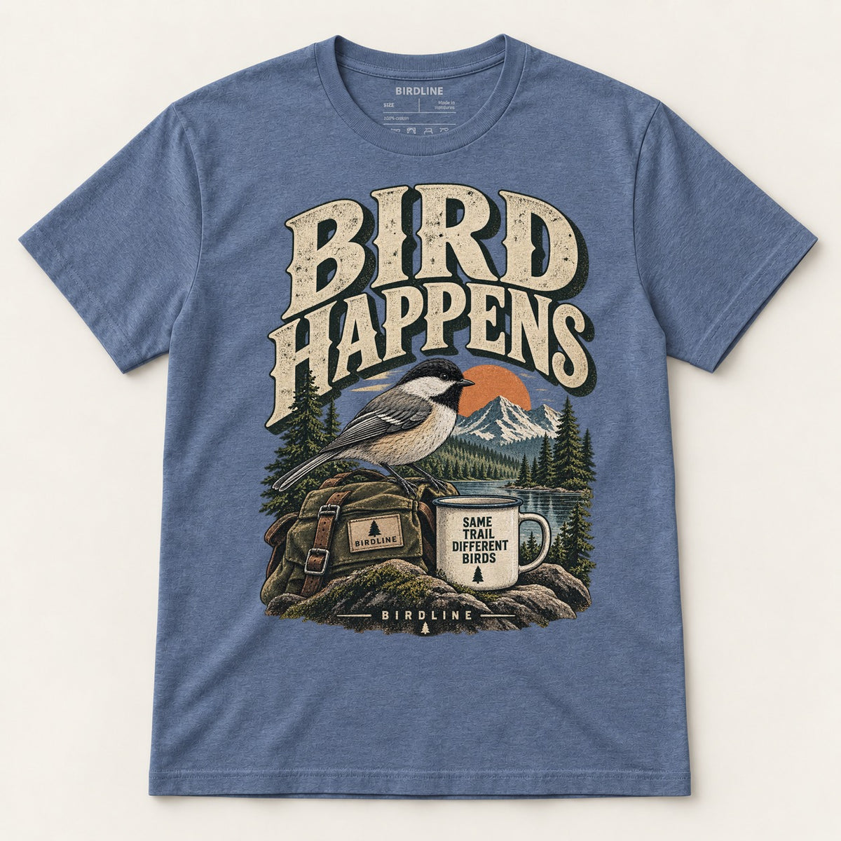 Bird Happens T-Shirt in Heather Indigo, front view