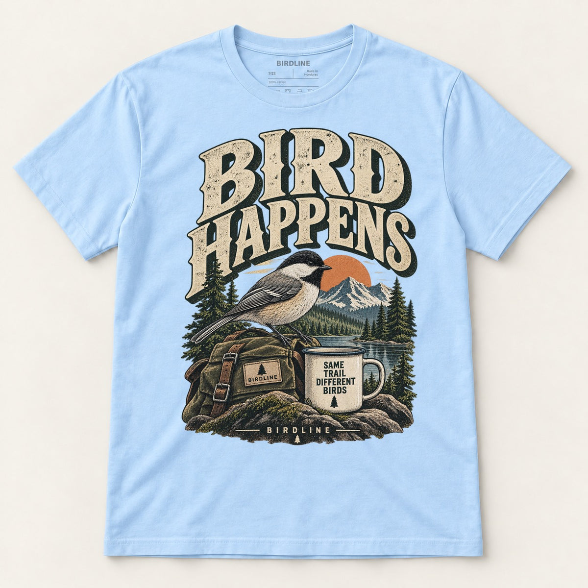 Bird Happens T-Shirt in Light Blue, front view