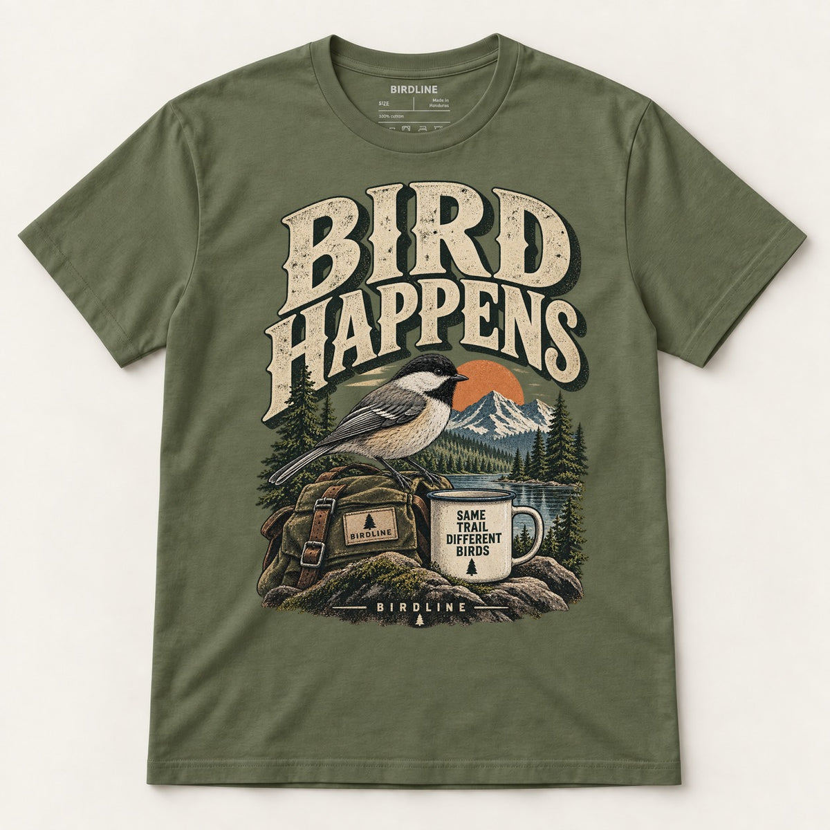 Bird Happens T-Shirt in Military Green, front view