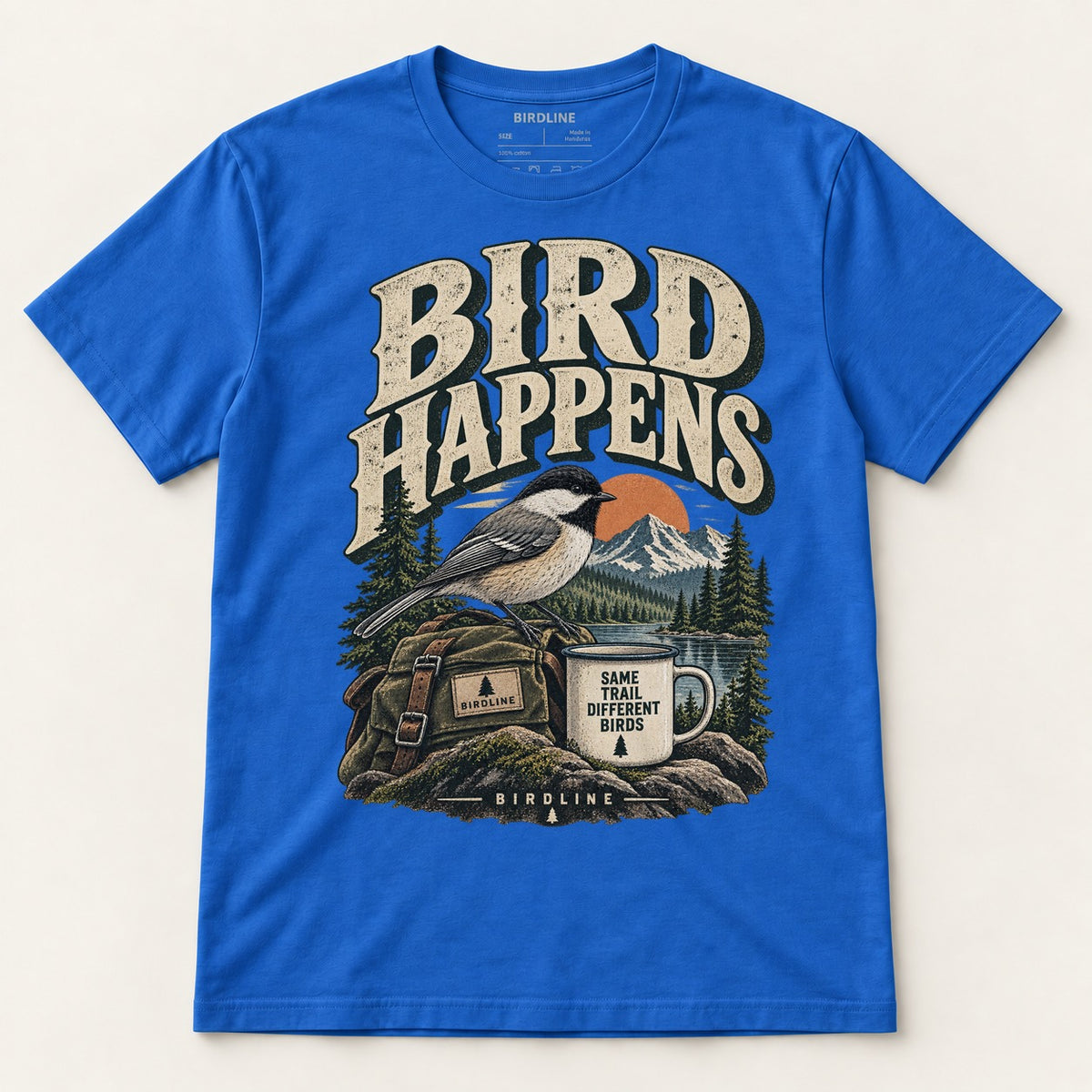 Bird Happens T-Shirt in Royal, front view