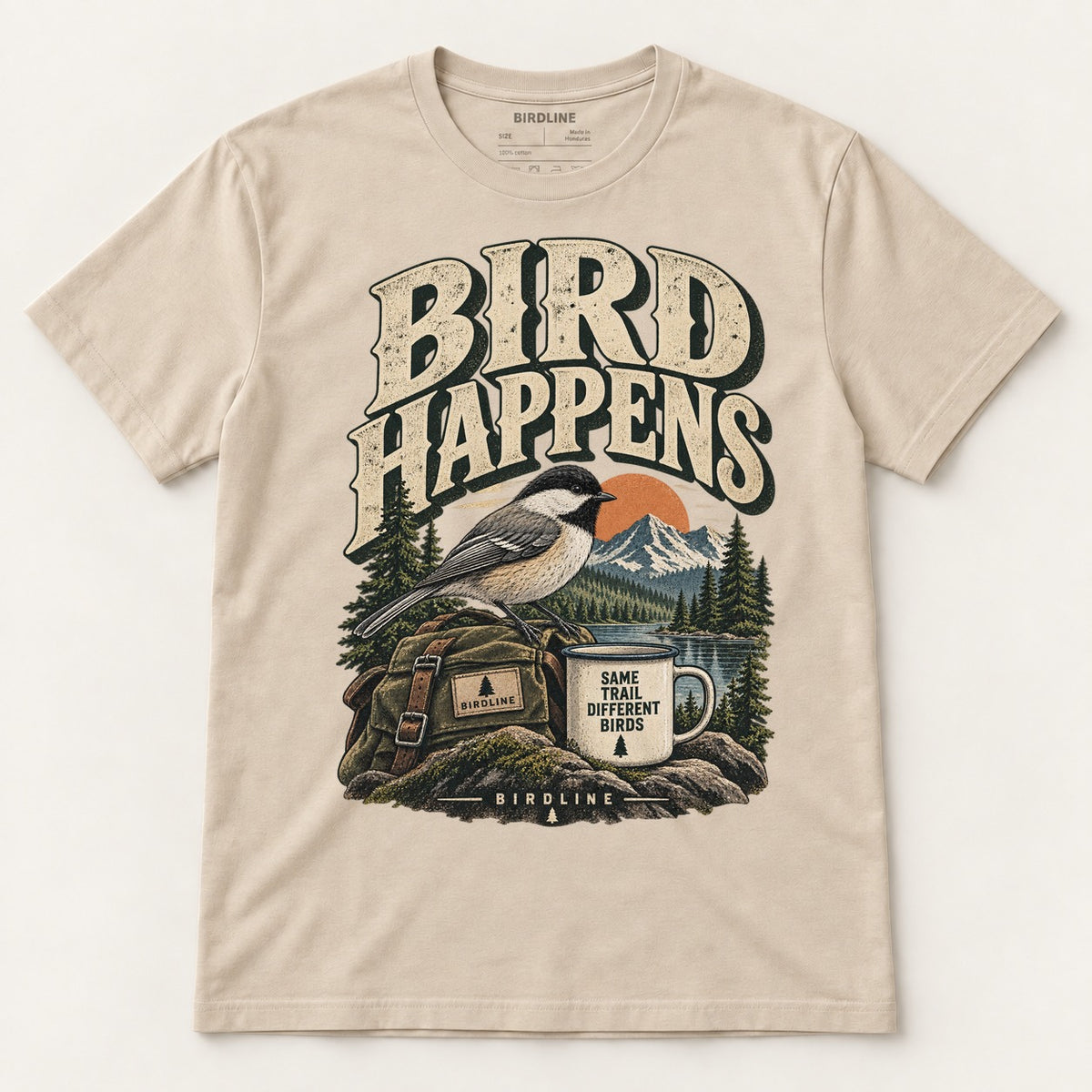 Bird Happens T-Shirt in Sand, front view