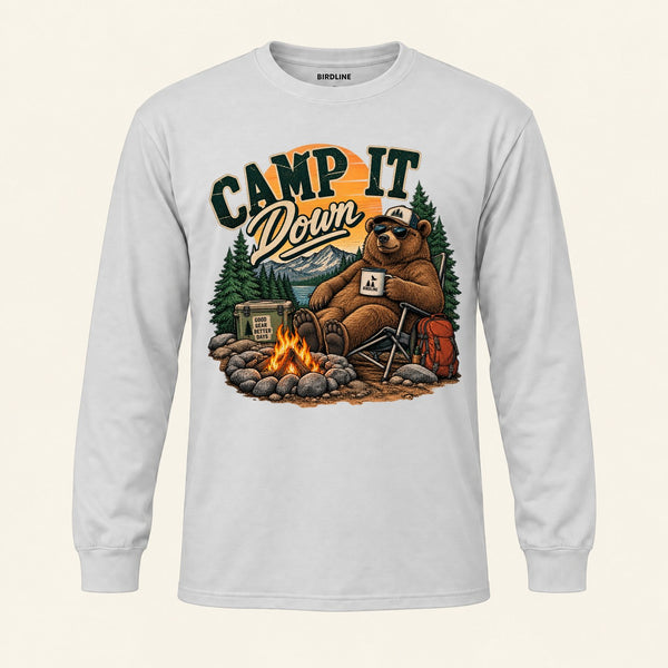 Camp It Down Campfire Bear Long Sleeve Shirt in Ash, front view