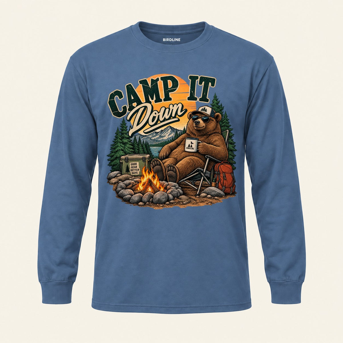 Camp It Down Campfire Bear Long Sleeve Shirt in Indigo Blue, front view