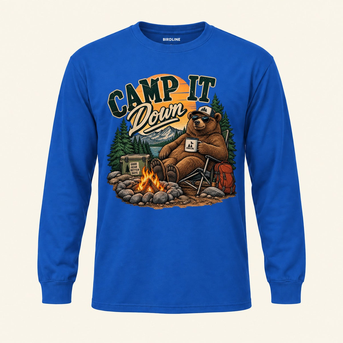 Camp It Down Campfire Bear Long Sleeve Shirt in Royal, front view
