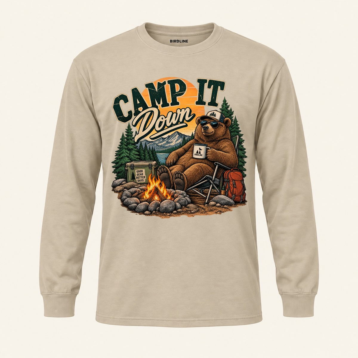 Camp It Down Campfire Bear Long Sleeve Shirt in Sand, front view