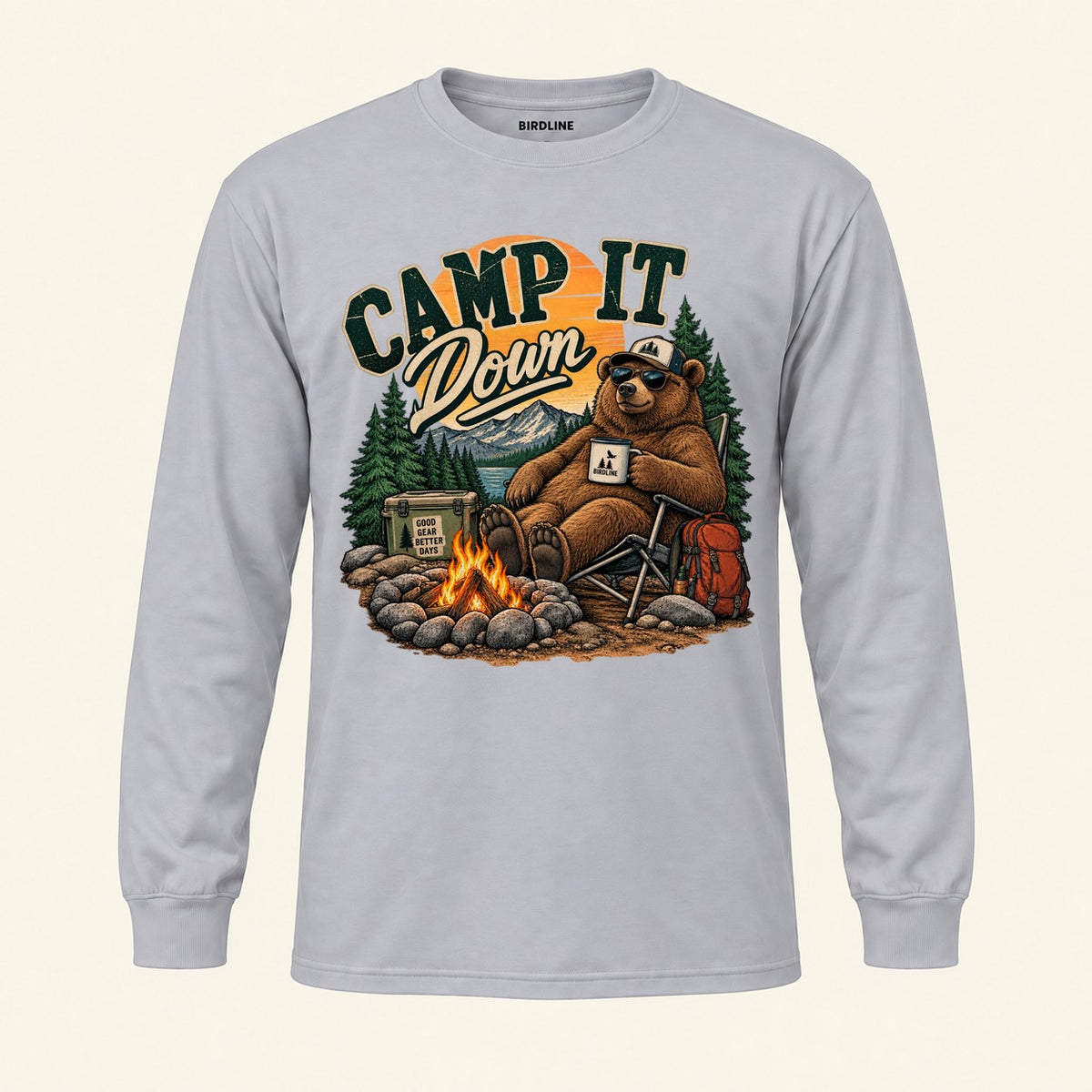 Camp It Down Campfire Bear Long Sleeve Shirt in Sport Grey, front view
