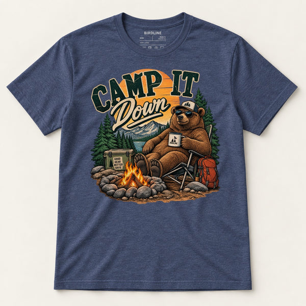 Camp It Down Campfire Bear T-Shirt in Heather Navy, front view