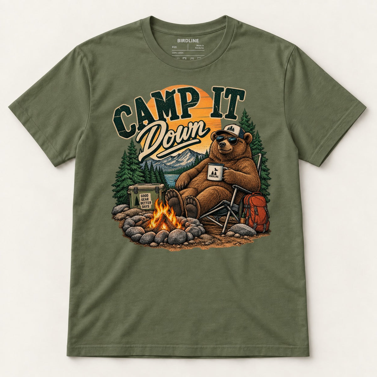 Camp It Down Campfire Bear T-Shirt in Military Green, front view