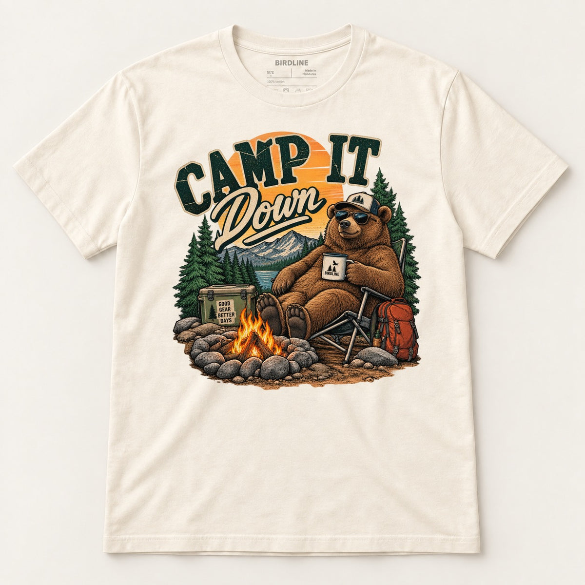 Camp It Down Campfire Bear T-Shirt in Natural, front view