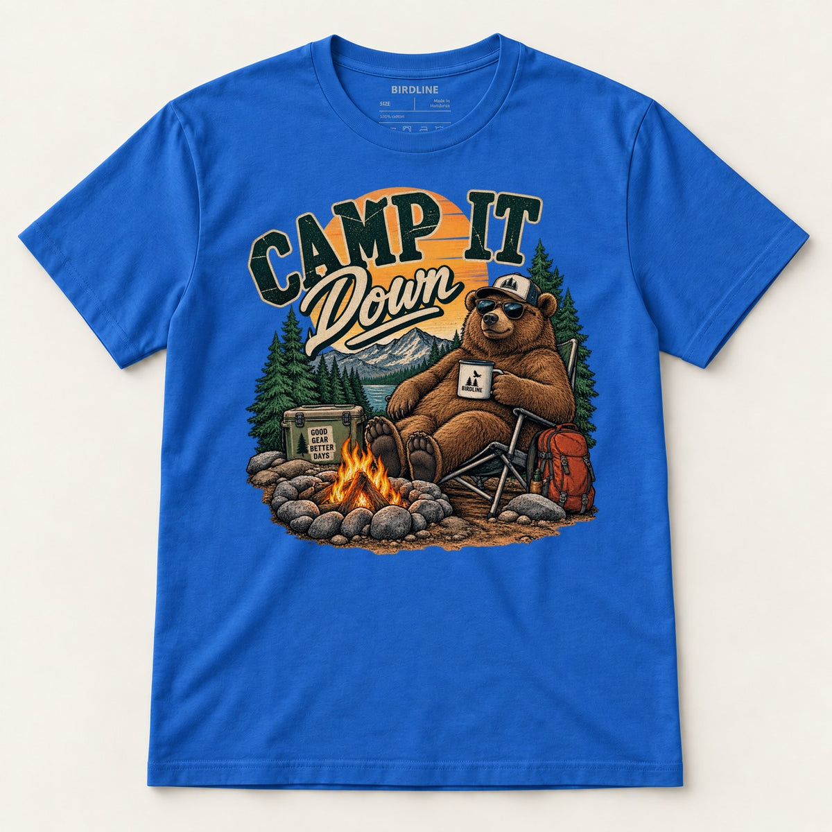 Camp It Down Campfire Bear T-Shirt in Royal, front view