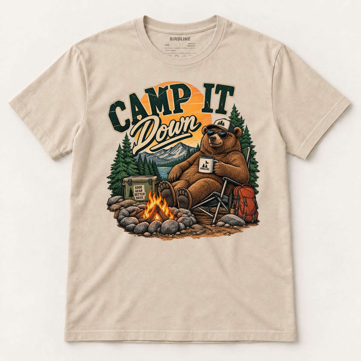 Camp It Down Campfire Bear T-Shirt in Sand, front view