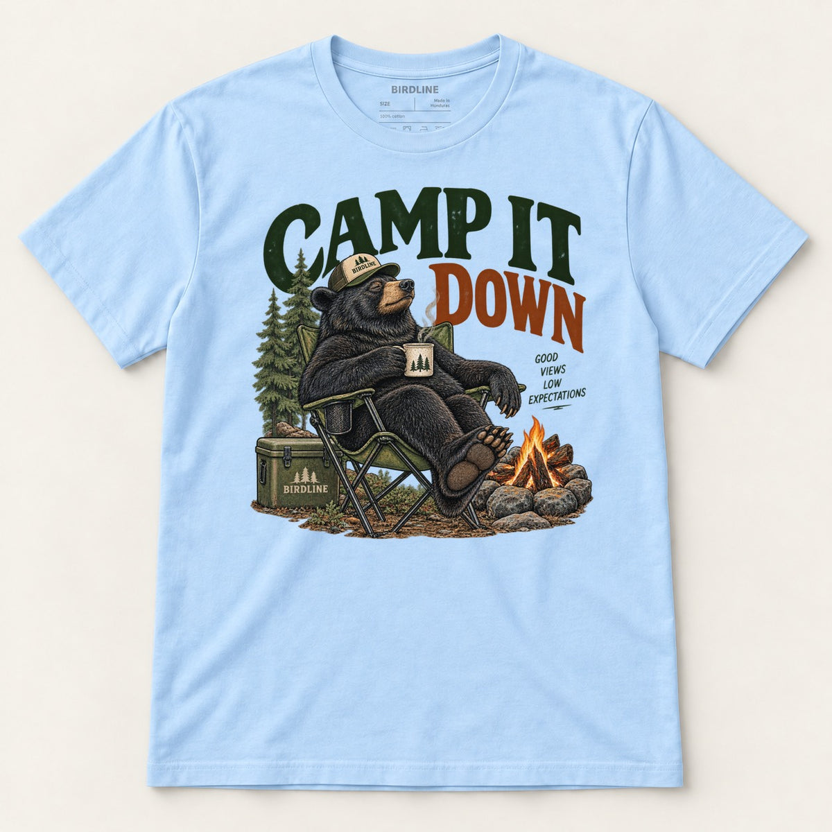 Camp It Down T-Shirt in Light Blue, front view
