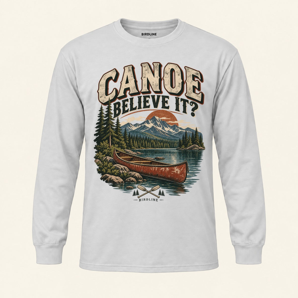 Canoe Believe It Long Sleeve Shirt in Ash, front view