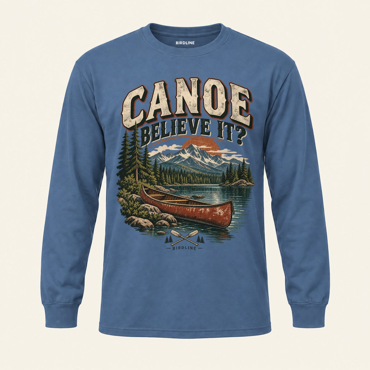 Canoe Believe It Long Sleeve Shirt in Indigo Blue, front view