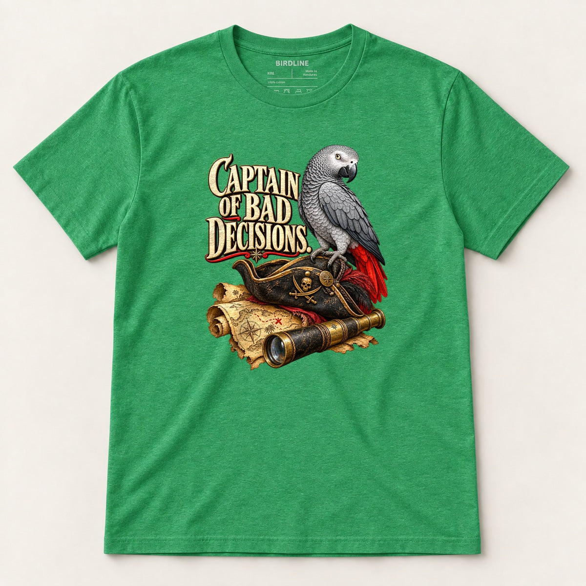 Captain Of Bad Decisions T-Shirt in Heather Irish Green, front view