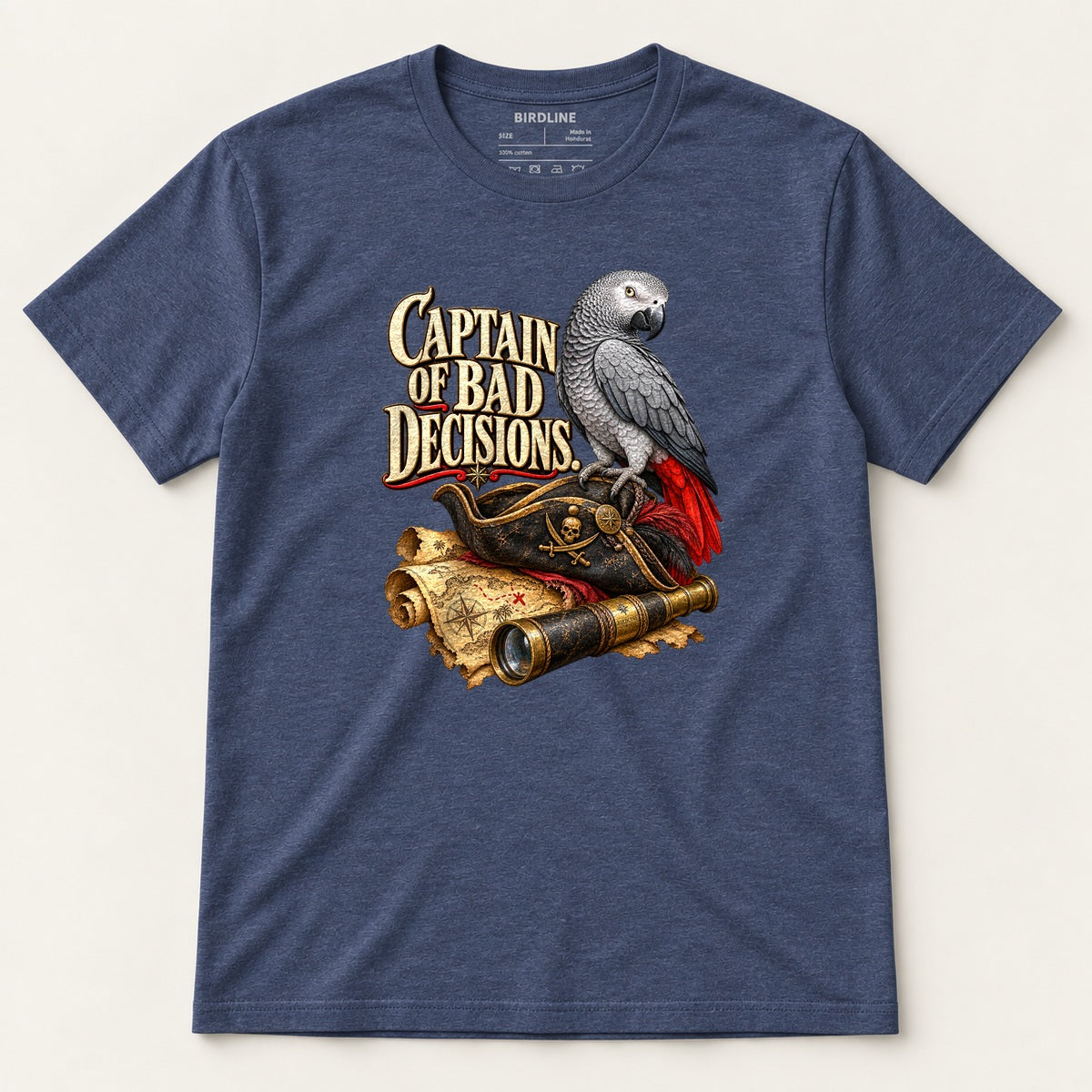 Captain Of Bad Decisions T-Shirt in Heather Navy, front view
