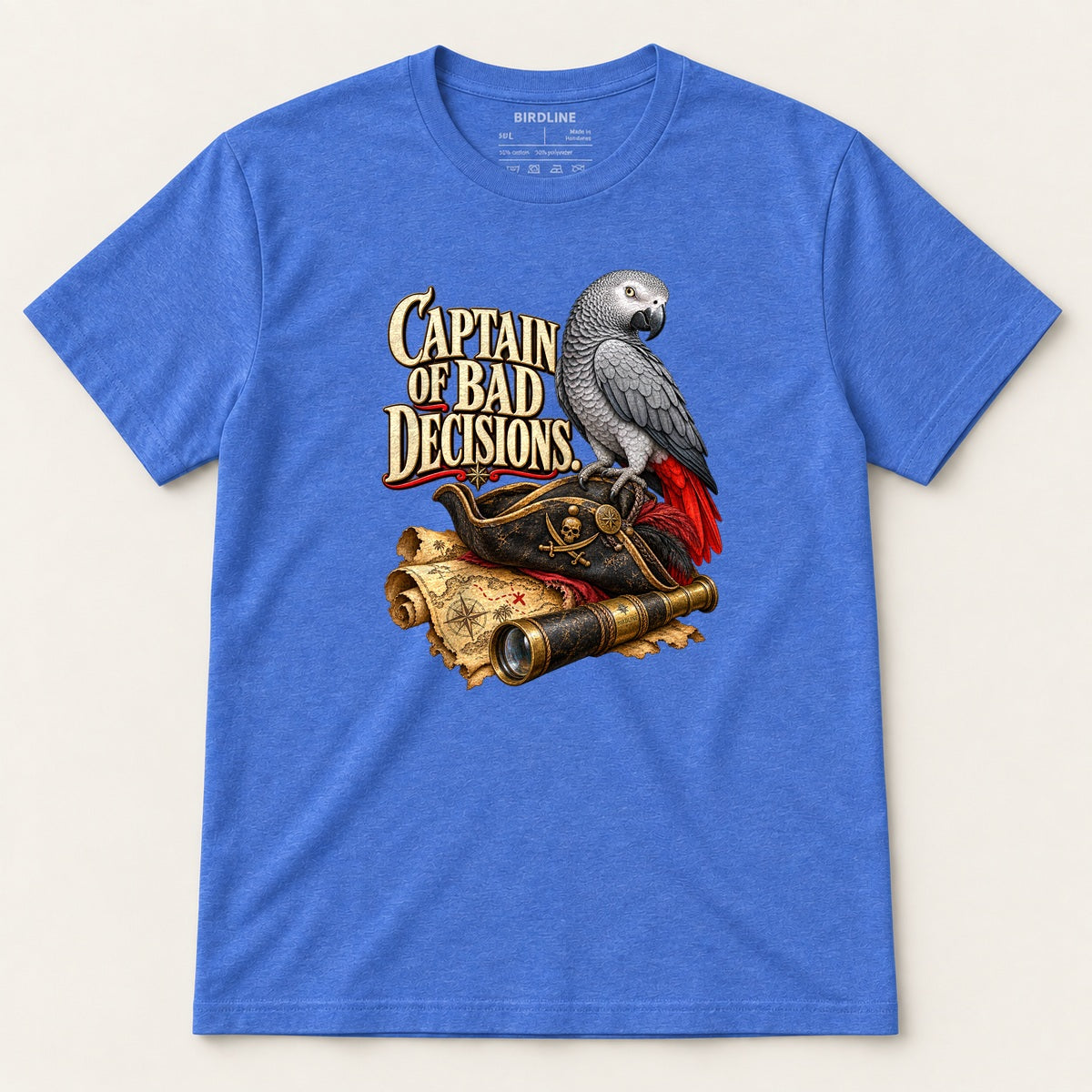 Captain Of Bad Decisions T-Shirt in Heather Royal, front view