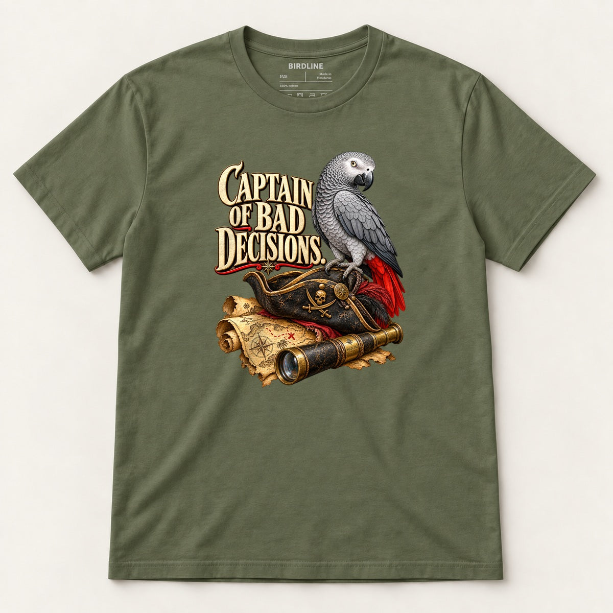 Captain Of Bad Decisions T-Shirt in Military Green, front view