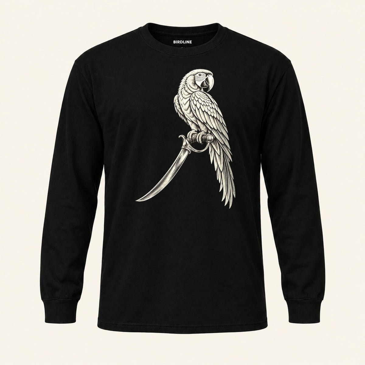 Cutlass Macaw Long Sleeve Shirt in Black, front view